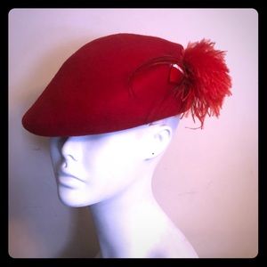 VINTAGE red wool Beret Tam Cloche Hat w/ Feathers